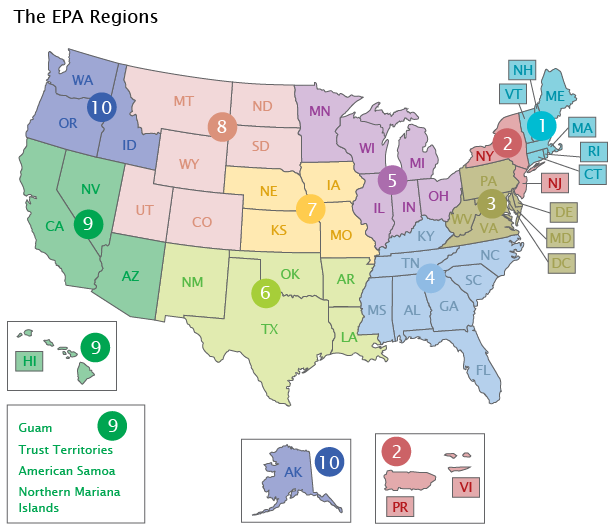 Boundaries of EPA Regions, color-coded.