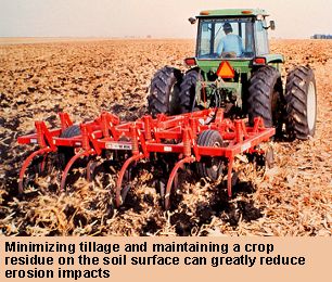 Photo of a chisel plow maintaining crop residue in a field. Minimizing tillage and maintaining a crop residue on the soil surface can greatly reduce erosion impacts.