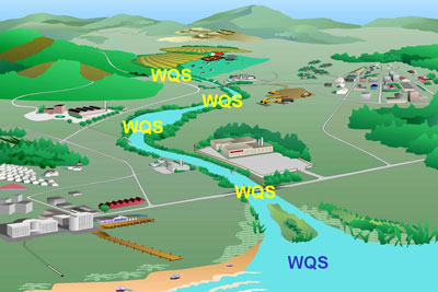Illustration of a river running through different environments, such as farm land, near factory, homes, large parking lots and roads before emptying into a larger waterbody.