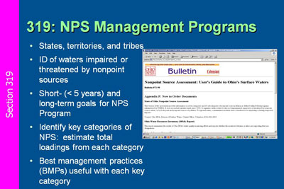 Implement Strategies. 319, NPS Management Programs: States, territories, and tribes; ID of waters impaired or threatened by nonpoint sources;  Short  (less than 5 years) and long-term goals for NPS Program; Identify key categories of NPS:  estimate total loadings from each category; Best management practices (BMPs) useful with each key category 