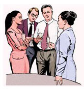 Graphic showing two men and two women talking to each other at a special event.