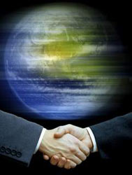 Graphic depicting two people shaking hands with a picture of the Earth in the background. It is meant to represent people conducting business.