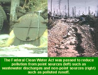 Photos showing examples of point and non-point sources of pollution: The Federal Clean Water Act was passed to reduce pollution from point sources (left) such as wastewater discharges and non-point sources (right) such as polluted runoff.