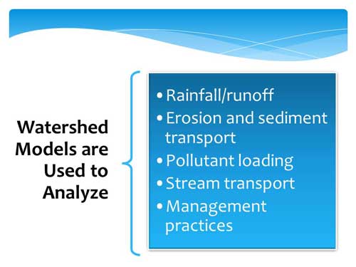 Watershed models are used to analyze: rainfall/runoff, erosion and sediment transport, pollutant loading, stream transport and management practices.