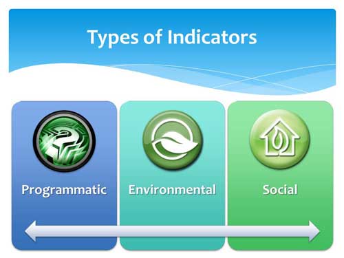 The types of indicators are programmatic, environmental and social indicators.