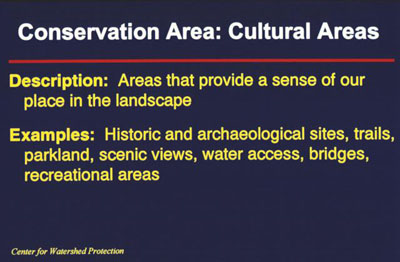 Cultural Areas. Description: areas that provide a sense of our place in the landscape. Examples: Historic and archaeological sites, trails, parkland, scenic views, water access, bridges, recreational areas.