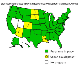US map of bioassessments used in water resources management.