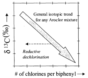 Figure 2. Conceptual Plot Showing How PCBs Formed From Reductive Dechlorination Will Be Isotopically Depleted Relative to Native PCBs of Similar Chlorination