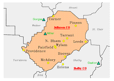 Map of Jefferson and Shelby Counties Showing the 11 Routine AQ Monitoring Sites (yellow circles) and the 3 Largest NO<sub>x</sub> Point Sources (coal-fired power plants, green triangles).