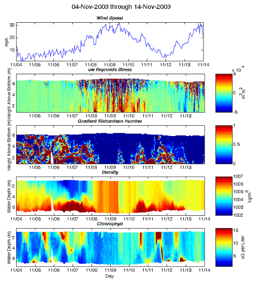 Ten Day Time Series of Wind Speed, Turbulent Reynolds Stress, Gradient Richardson Number, Water Column Density , and Chlorophyll From the Observation Buoy at the Mouth of the Neuse River Estuary (station 180) During November 2003