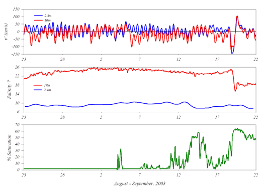 Axial Velocity (Positive Seaward), Salinity, and Dissolved Oxygen at Chesapeake Bay Observing System Mid-Bay Mooring in August-September 2003
