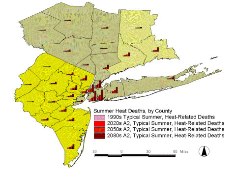 Projected Increases in Summer Heat-Related Mortality by County