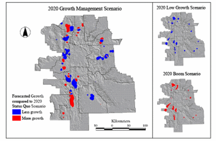 Figure 4. Red Polygons Represent Core Areas of More Forecasted Growth Than  in the 2020 SQ Scenario, and Blue Polygons Represent Core Areas of Less Forecasted Growth Than in the 2020 SQ Scenario