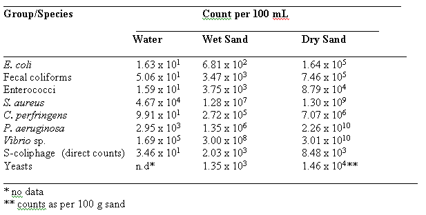 Mean Number of Bacteria (Data Pooled From All Three Beaches) in the Water, Wet Sand, and Dry Sand