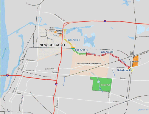 Figure 1. Overview of Affected Area: New Chicago, Vollintine-Evergreen, Cypress Creek, and Velsicol Plant