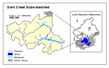 Figure 1. Dorn Creek Subwatershed Map Indicating Major Hydrologic Features and Mostly Nonurban Land Use in the Lake Mendota Watershed.