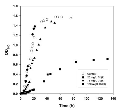 Figure 4. P. aeruginosa PG201 growth curves for varying Cd(II) concentrations.