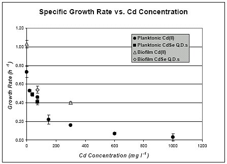 Figure 11. Lag time (top) and specific growth rate (bottom) of PG201 with either Cd(II) or CdSe QDs added to either planktonic (solid symbols) or biofilms (open symbol) cultures.