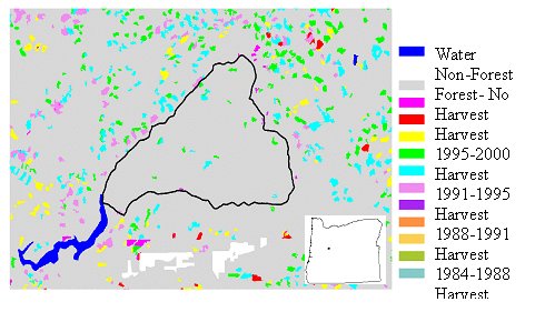 Figure 1. A section of the disturbance map of Oregon and Washington indicates the importance of working at regional and landscape scales. Patterns of disturbance are dramatically different in the H.J. Andrews Experimental Forest, indicated by the black boundary, and in adjacent areas. The H.J. Andrews LTER site is the location of one of our chronosequence sites (4 age classes, 3 reps, totaling 12 plots), which likely reflect characteristics of the same classes outside the LTER site. Our regional modeling and mapping will take into account disturbance effects on productivity and NEP.