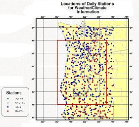 Figure 2. Locations of the weather stations used in PRISM. The bold red rectangle shows the modeling region.