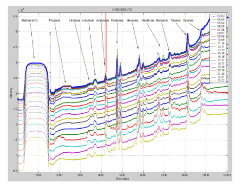 One-day set of continuous, hourly chromatograms showing midday spike in concentrations of several VOCs