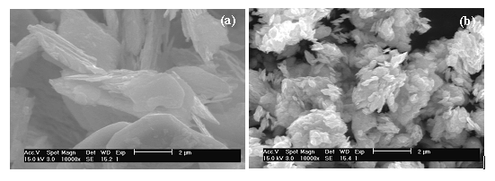 SEM pictures showing:  (a) as-purchased submicron MoS2 particles, and (b) nanosized MoS2 particles from ball milling.