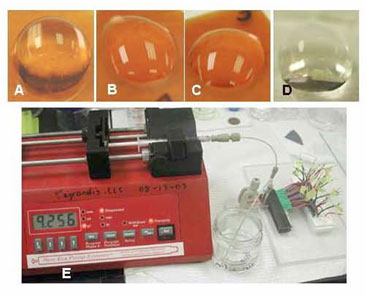 Flow cell setup for the semi-automated delivery
  of reagents and samples in the immunoassay detection of captured oocysts. A
  20 μL solution of 20Ab-AP in 0.1 M PBS was paced on: A - Kapton 500 FN 131,
  B - Kapton 500 HN, C - Kapton 500 HPP-St, and D - polydimethylsiloxane. E -
  The semi-automated setup using the flow cell.