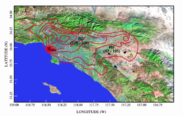 Figure 1. Predicted Distributions of Napthalene Across the Los Angeles Basin Corresponding to 1998 Summer Emissions (the contours are marked in units of ng/m[3]).