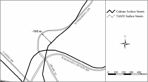 Figure 2. Comparison Between Caltrans and TAMN Roadway Network for Surface Streets in Riverside, CA, Showing Discrepancies up to ~160 m