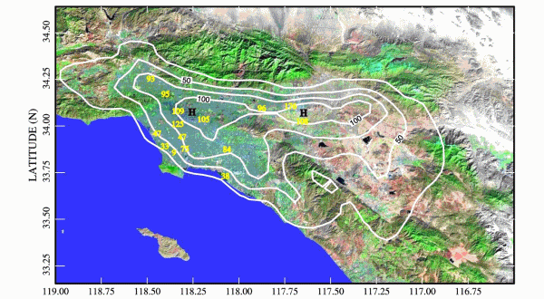 Figure 4. Comparison of SMOG-Predicted Zn Abundances (Contours) with Site Measurements (Yellow Numbers) in Nanograms per Cubic Meter (ng/m[3]).