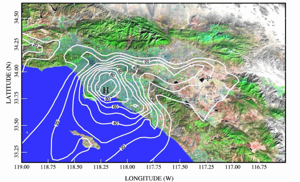 Figure 5. SMOG-Predictions of the Pb Distributions (Contours Give the Lead Abundance in ng/m[3]) Across the Los Angeles Basin on a day with Santa Ana Wind Conditions.