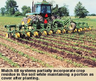 Mulch-till systems partially incorporate crop residue into the soil while maintaining a portion of that residue as cover after planting.