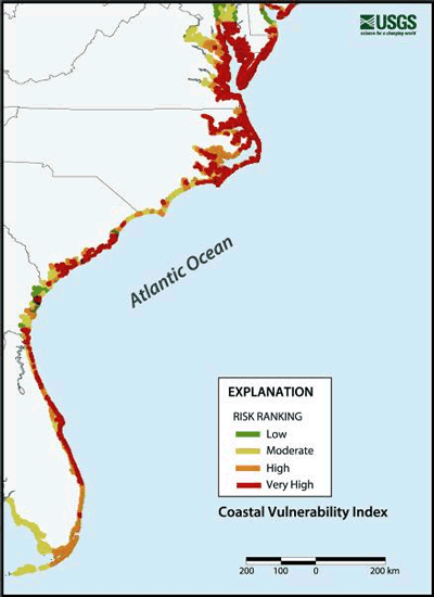 Map depicting the vulnerability of the coastal region of the southeast United States to sea level rise