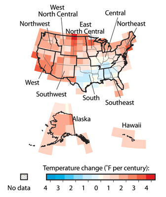 Map of the United States depicting the annual mean temperature anomalies between 1901-2005. Explanation of map is found to the right.