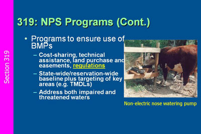 Implement Strategies. Section 319: Nonpoint Source Program (continued). Programs to ensure use of BMPs: Cost-sharing, technical assistance, land purchase and easements, regulations; State-wide/reservation-wide baseline plus targeting of key areas (e.g. TMDLs); Address both impaired and threatened waters. Slide includes photo of cow using a non-electric nose watering pump.