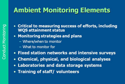 Elements of ambient monitoring: Is critical to measuring success of efforts, including WQS attainment status; Monitoring strategies and plans determined by where/when to monitor and what to monitor for; Fixed station networks and intensive surveys;  Chemical, physical, and biological analyses; Laboratories and data storage systems; Training of staff/ volunteers.