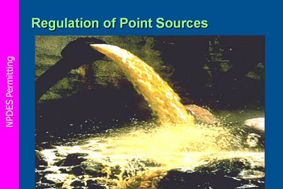 NPDES Permitting: Regulation of Point Sources.  Photo of discharge of polluted water into a stream.