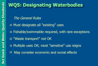 WQS: Designating Waterbodies--The General Rules: must designate all 'existing' uses; fishable/swimmable required, with rare exceptions; 'waste transport' not OK; multiple uses OK; most 'sensitive' use regions; and may consider economic and social effects