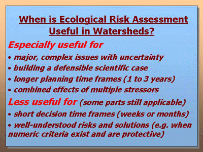 When is Ecological Risk Assessment Useful in Watersheds? Especially useful for: major, complex issues with uncertainty; building a defensible scientific case; longer planning time frames (1 to 3 years); combined effects of multiple stressors. Less useful for (some parts still applicable) short decision time frames (weeks or months); well-understood risks and solutions (e.g. when numeric criteria exist and are protective).