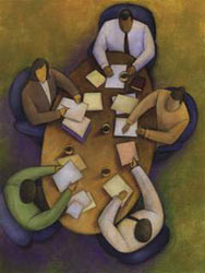 Graphic depicting people sitting at a conference table reviewing a strategic plan.
