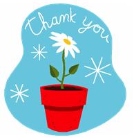 Graphic showing a flower pot with a single flower in it and the words "Thank you" above it.