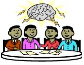 Graphic showing people sitting at a table with a brain above them that has lightning bolts emanating from it; meant to show that they are brainstorming.