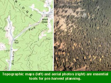 Topographic maps (left) and aerial photos (right) are essential tools for pre-harvest planning.