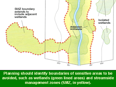 Map: Planning should identify boundaries of sensitive areas to be avoided, such as wetlands and streamside management zones (SMZ).