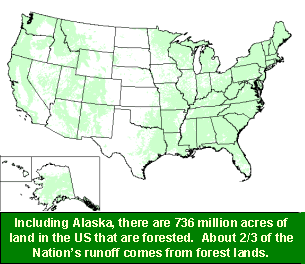 Map showing USA forested lands: Including Alaska, there are 736 million acres of land in the US that are forested. About 2/3 of the Nation's runoff comes from forest lands.