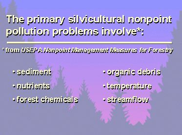 The primary silvicultural nonpoint pollution problems involve (from USEPA Nonpoint Management Measures for Forestry): sediment, nutrients, forest chemicals, organic debris, temperature, and streamflow