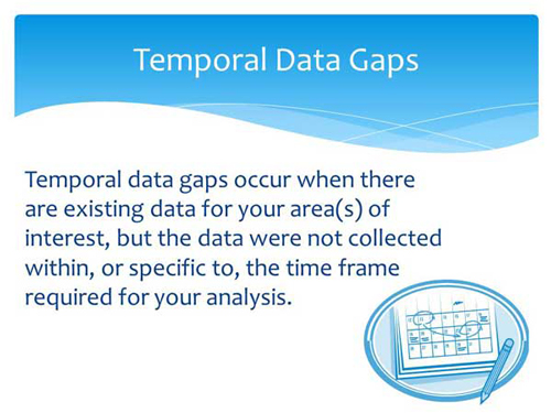 Temporal data gaps occur when there are existing data for your area(s) of interest, but the data were not collected within, or specific to, the time frame required for your analysis.