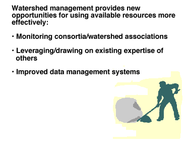 Watershed Management provides new opportunities for using available resources more effectively: monitoring consortia/watershed associations, leveraging/drawing on existing expertise of others, improved data management systems