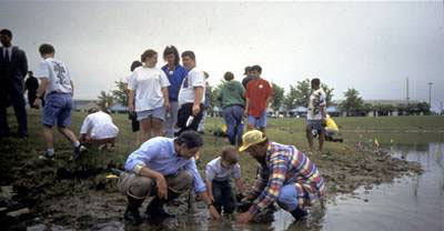 photo of a group of people working near a water body