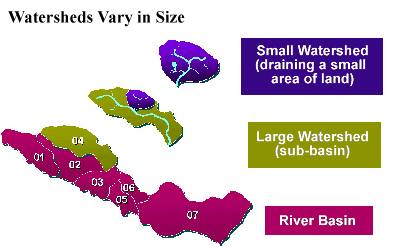 Watersheds come in many sizes. A small watershed may be enclosed in several larger watersheds.